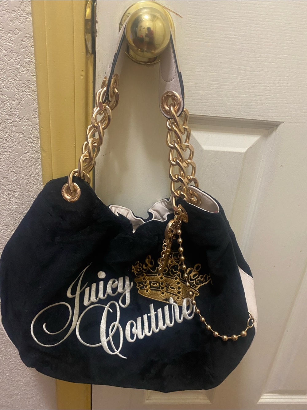 Juicy Couture Black Velvet Shoulder Bag with Gold Chain and Crown Charm